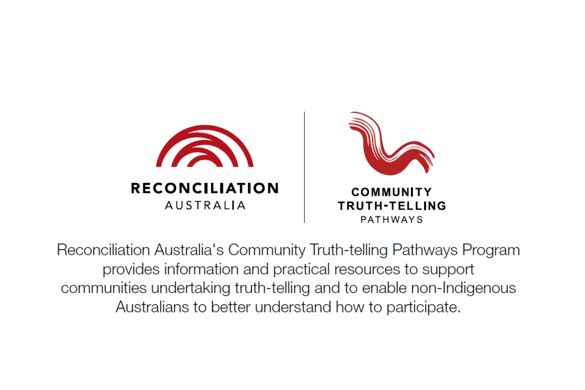 Abstract artwork with Reconciliation Australia and Community Truth-telling Pathways logos on a soft red background.